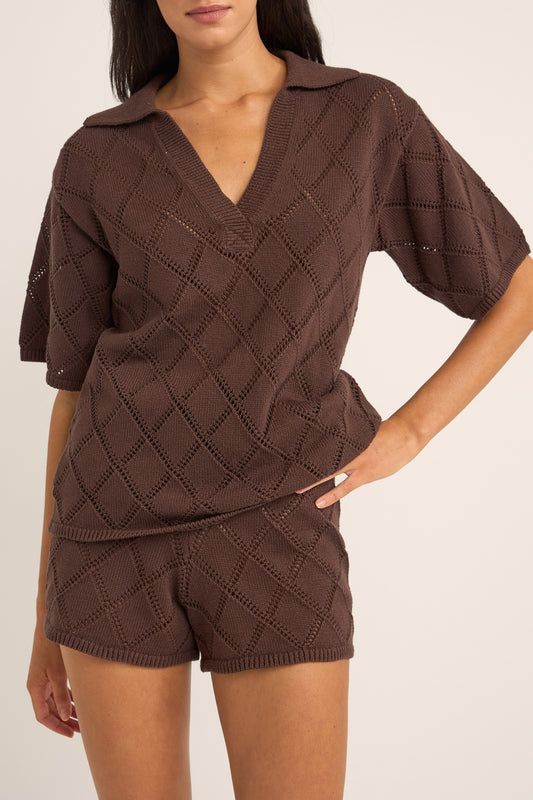  RHYTHM Chocolate Islander Collared Knit Shirt