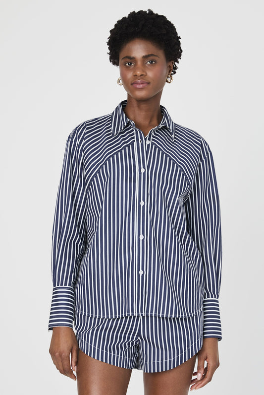  FRENCH CONNECTION Alexis Poplin Angled Yoke Stripe Shirt